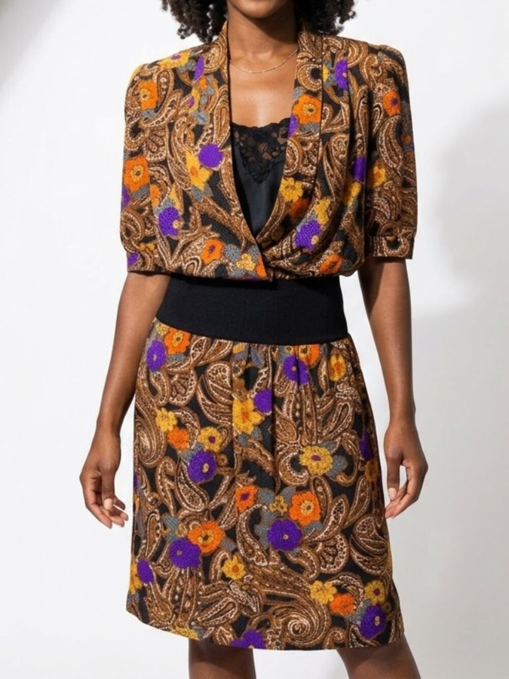 Donna Morgan Vintage 80s Whimsigoth Paisley Floral Mock Layer Midi Dress Sz 10